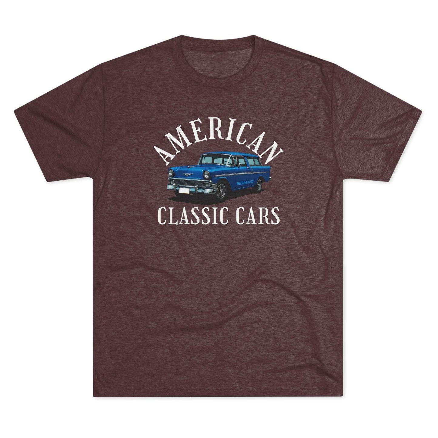 American Classic Cars Nomad unisex tri-blend crew tee with vintage blue car graphic on brown fabric