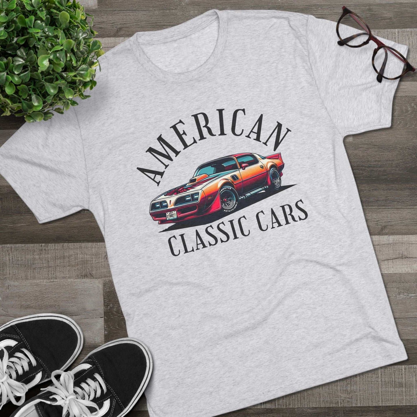 Unisex vintage car shirt with American Classic Cars Trans AM design on gray tri-blend fabric