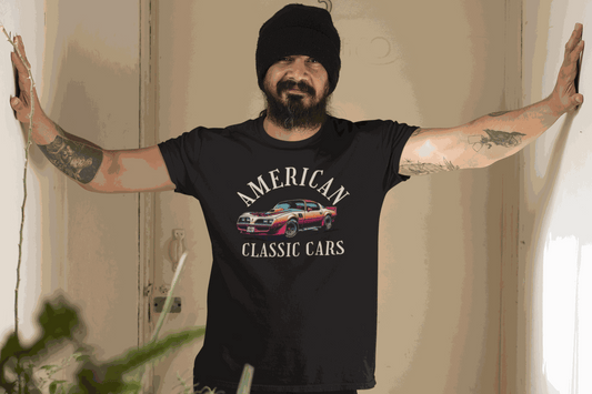 Man wearing black vintage car shirt featuring American Classic Cars Trans AM design