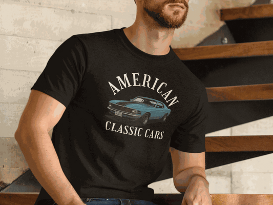 Man wearing black American Classic Cars vintage car graphic unisex crew t-shirt