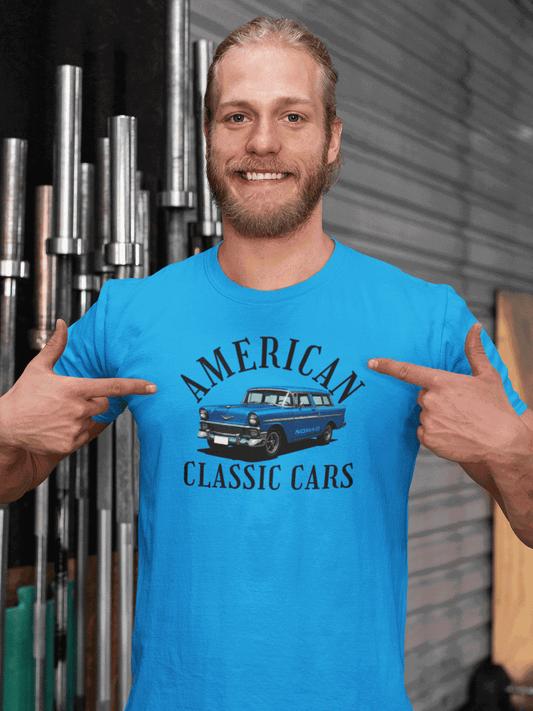 Man wearing blue American Classic Cars Nomad Unisex Tri-Blend Crew Tee with vintage car graphic