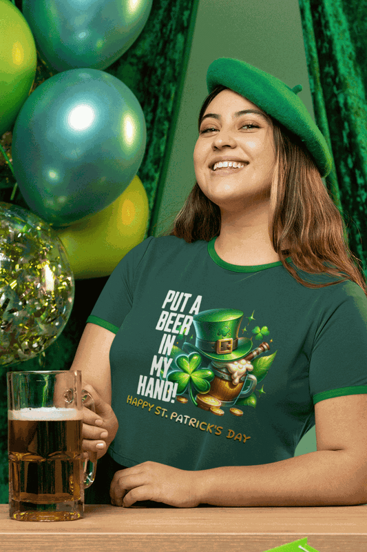 St. Patrick's Day-Put A Beer In My Hand "Happy St. Patrick's Day" Cotton Tee