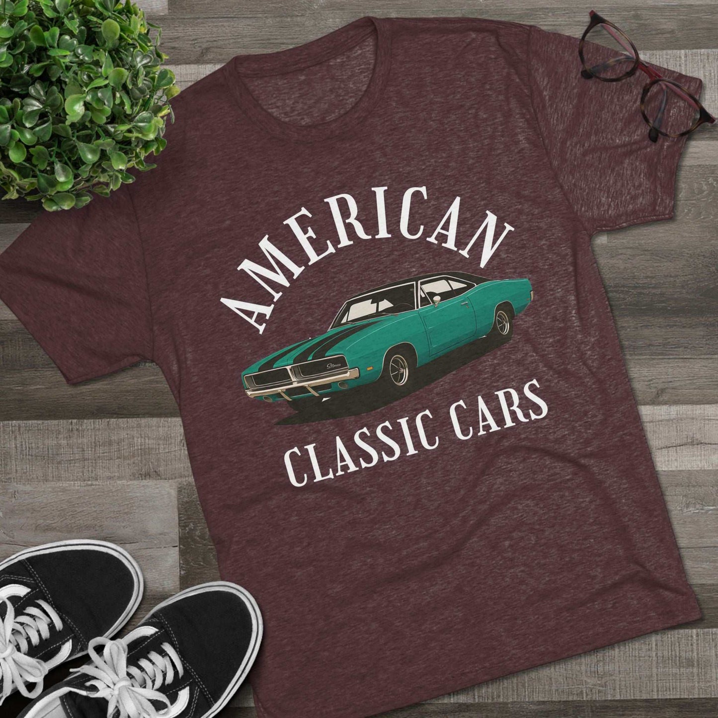 American Classic Cars 69 Charger graphic unisex tri-blend crew tee in maroon color