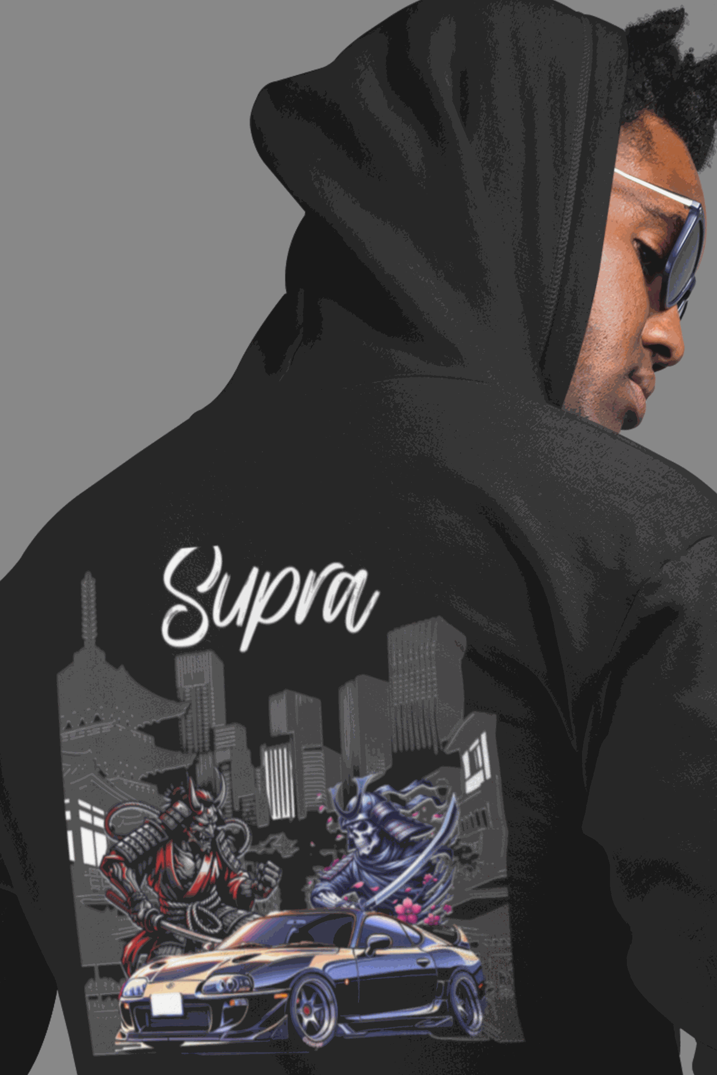 Unisex Shadow Samurai Supra heavyweight pocket hoodie with zipper and hood, thick cotton-polyester blend, oversized fit for autumn and winter.