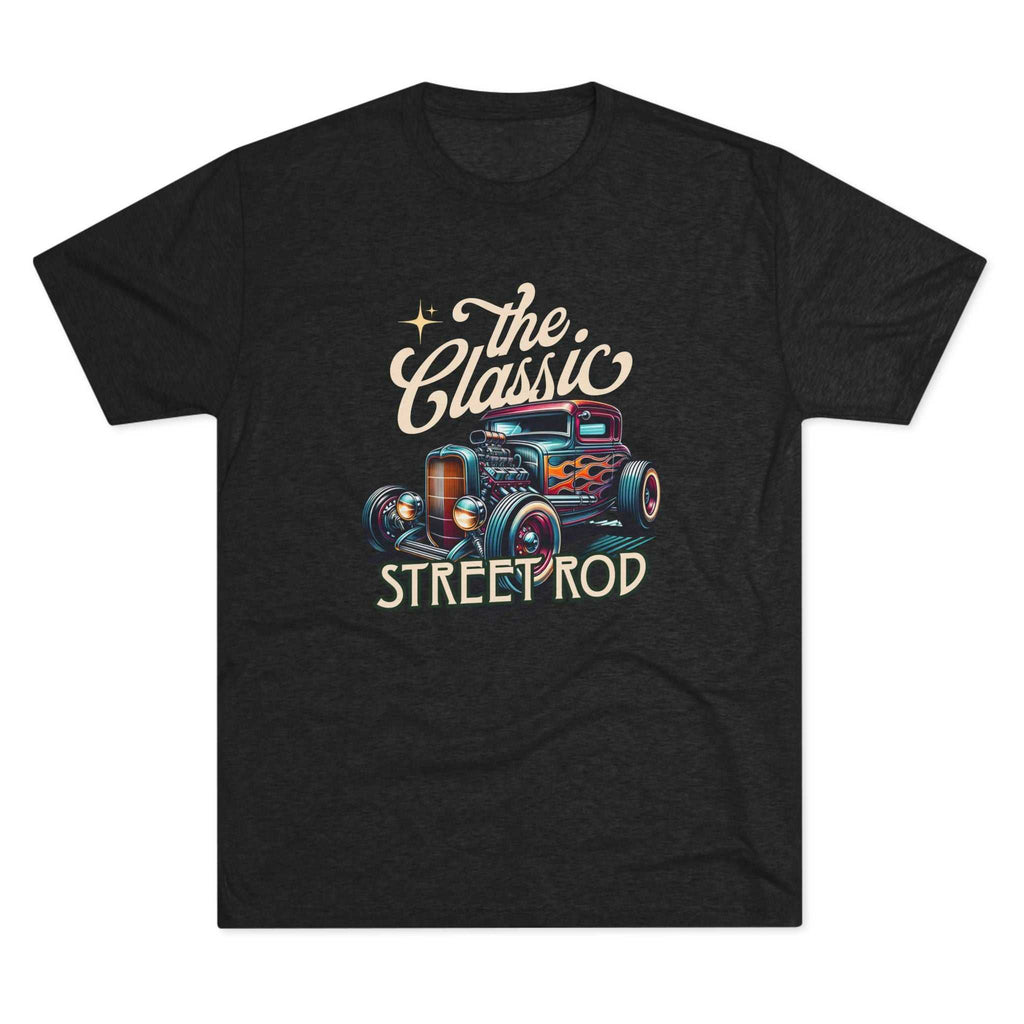 Vintage Classic Street Rod Tee with retro hot rod car graphic and flame accents on soft tri-blend fabric