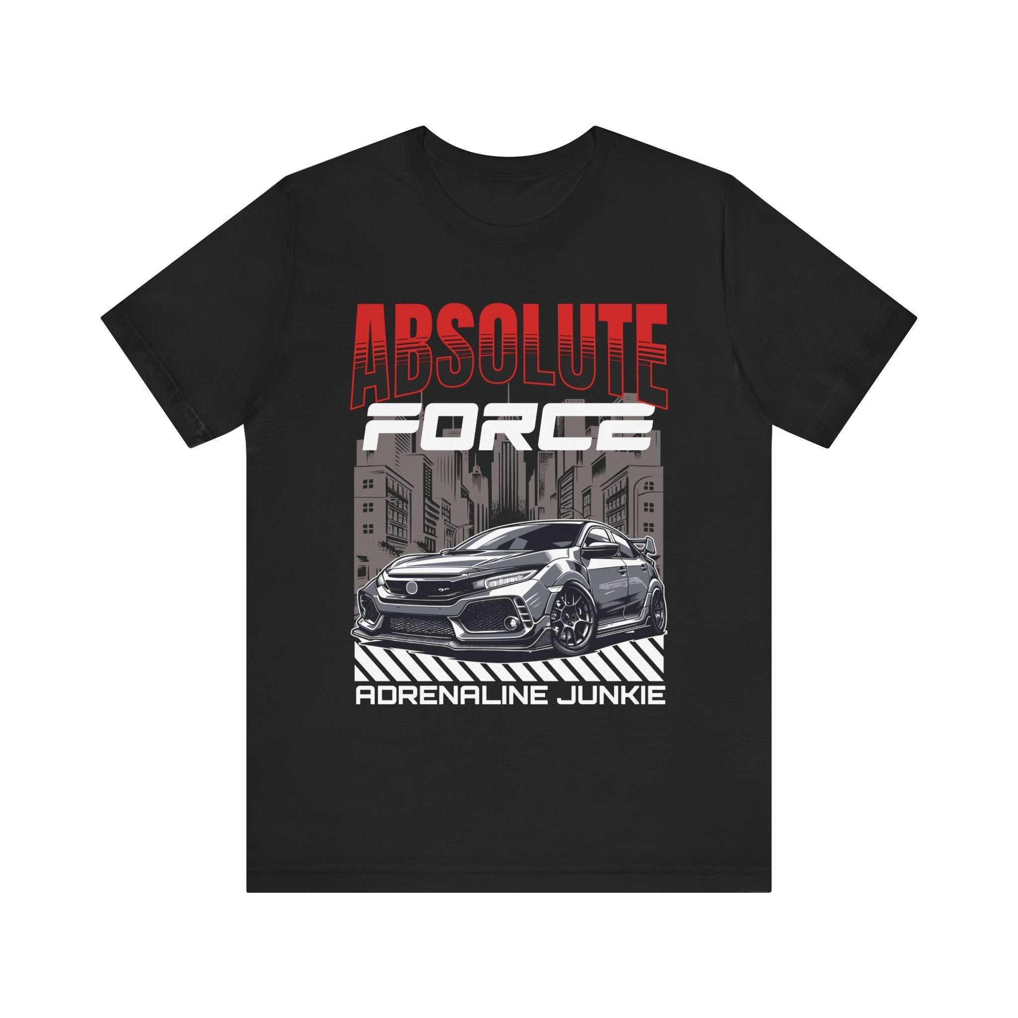 Black adrenaline junkie graphic tee with car and Absolute Force text design