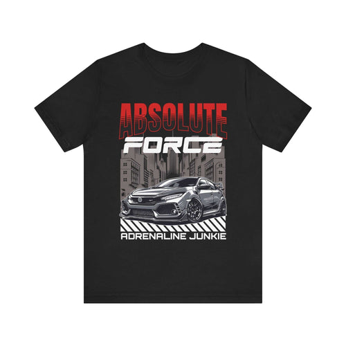 Black adrenaline junkie graphic tee with car and Absolute Force text design