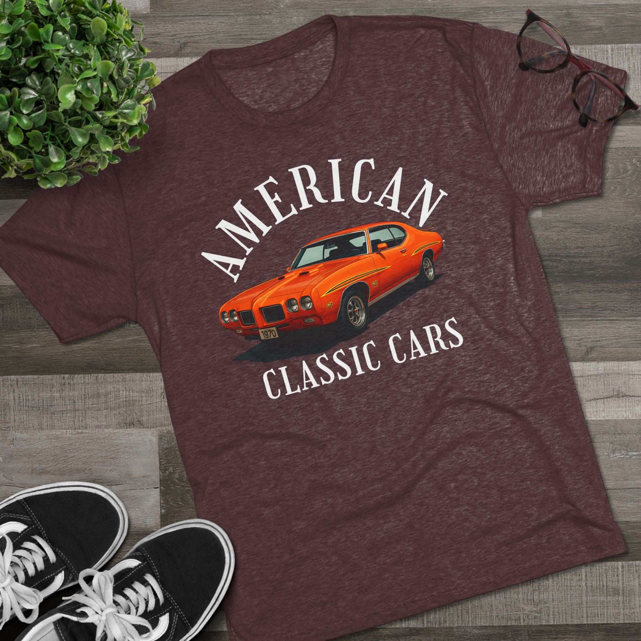 Unisex American Classic Cars 70 GTO vintage car graphic t-shirt on tri-blend fabric