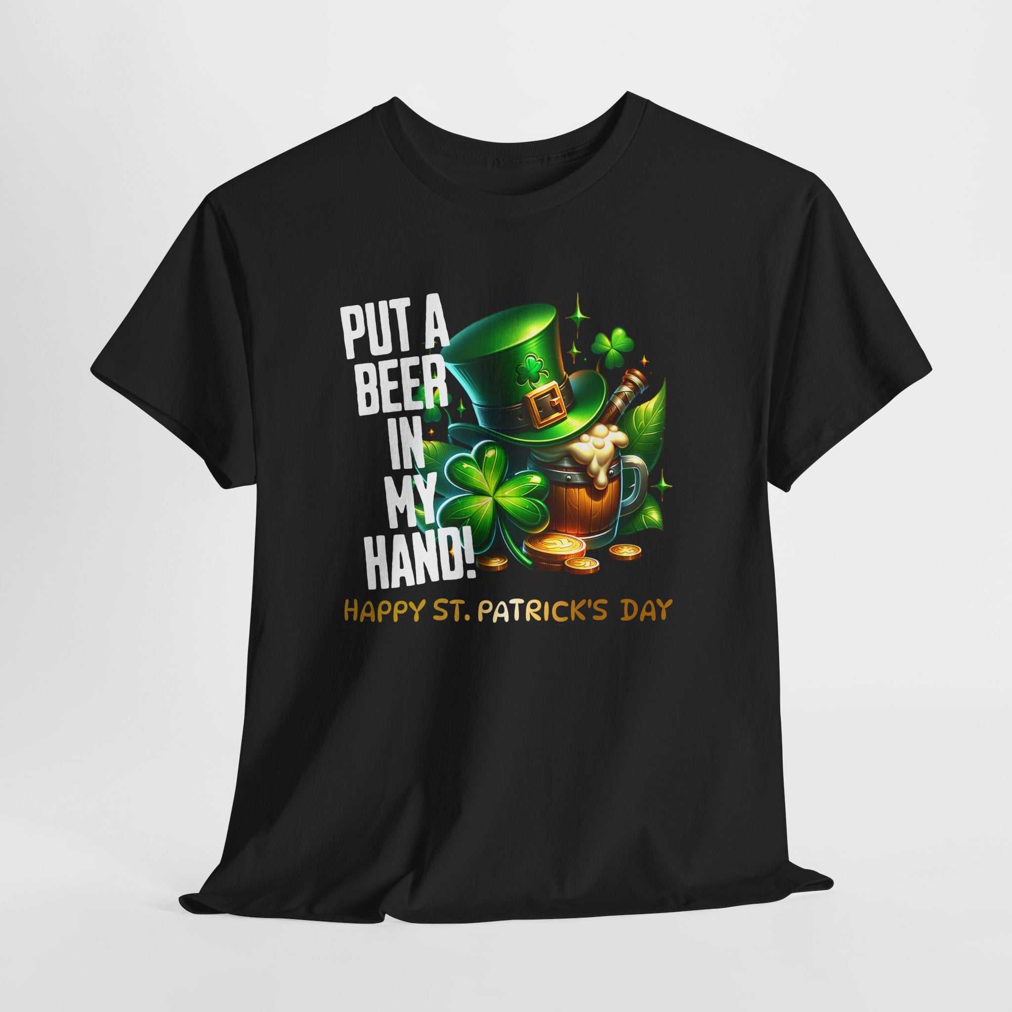 St. Patrick's Day cotton tee with leprechaun and shamrocks design