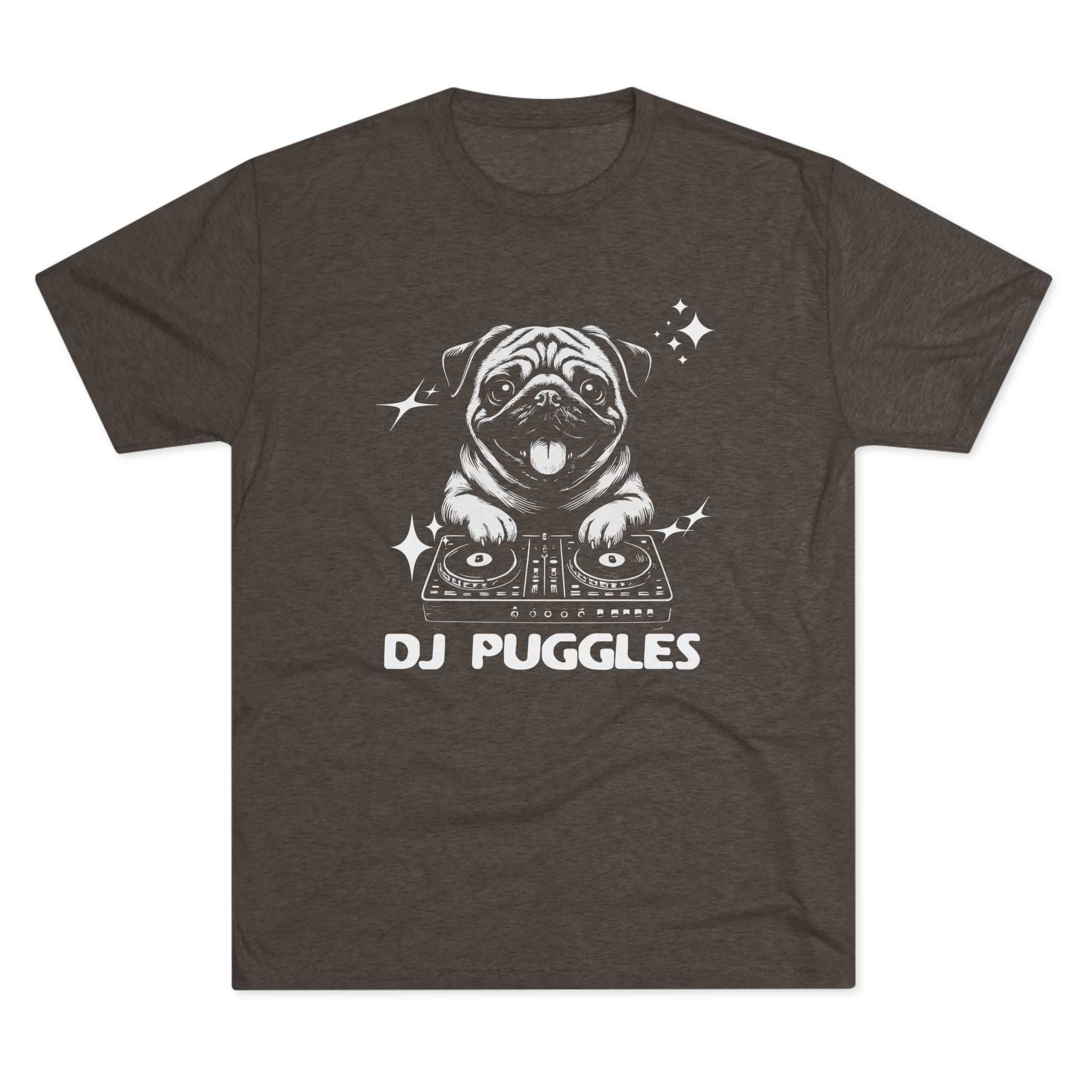 DJ Puggles Pug T-shirt with funny DJ pug graphic on soft tri-blend fabric