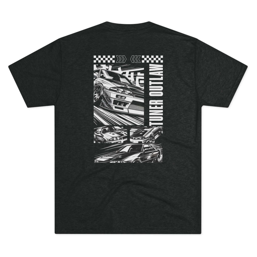 Tuner Outlaw Tee featuring db mascot front graphic and GTR car back design on unisex tri-blend t-shirt