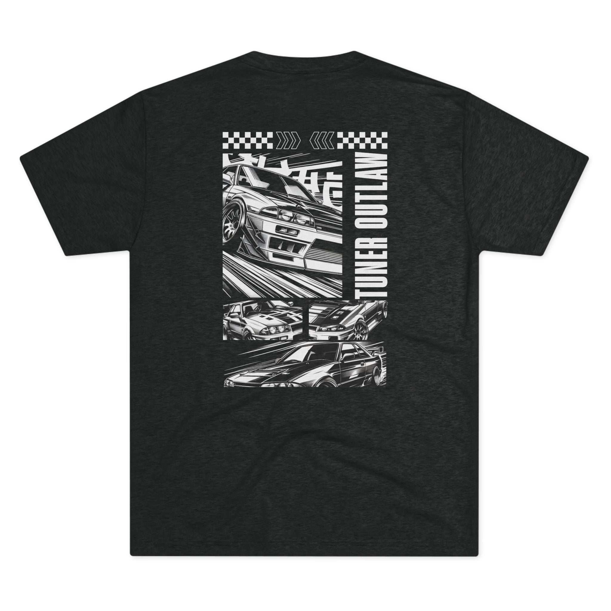 Tuner Outlaw Tee featuring db mascot front graphic and GTR car back design on unisex tri-blend t-shirt