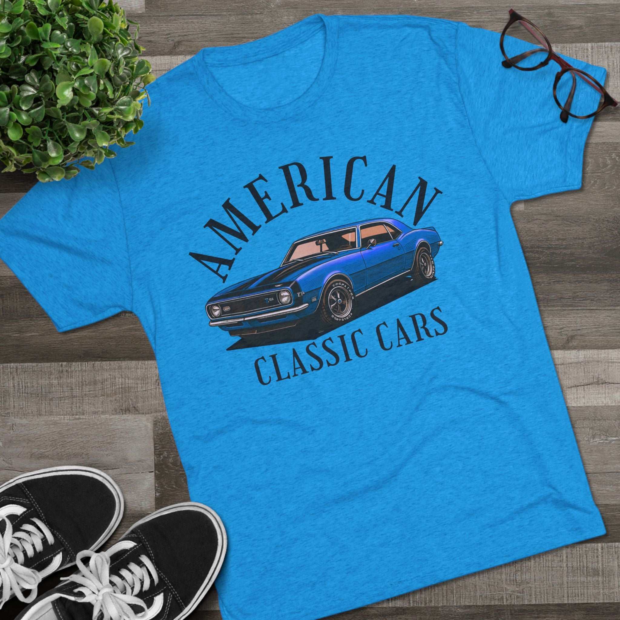 Unisex tri-blend tee with American Classic Cars Camaro design for car enthusiasts