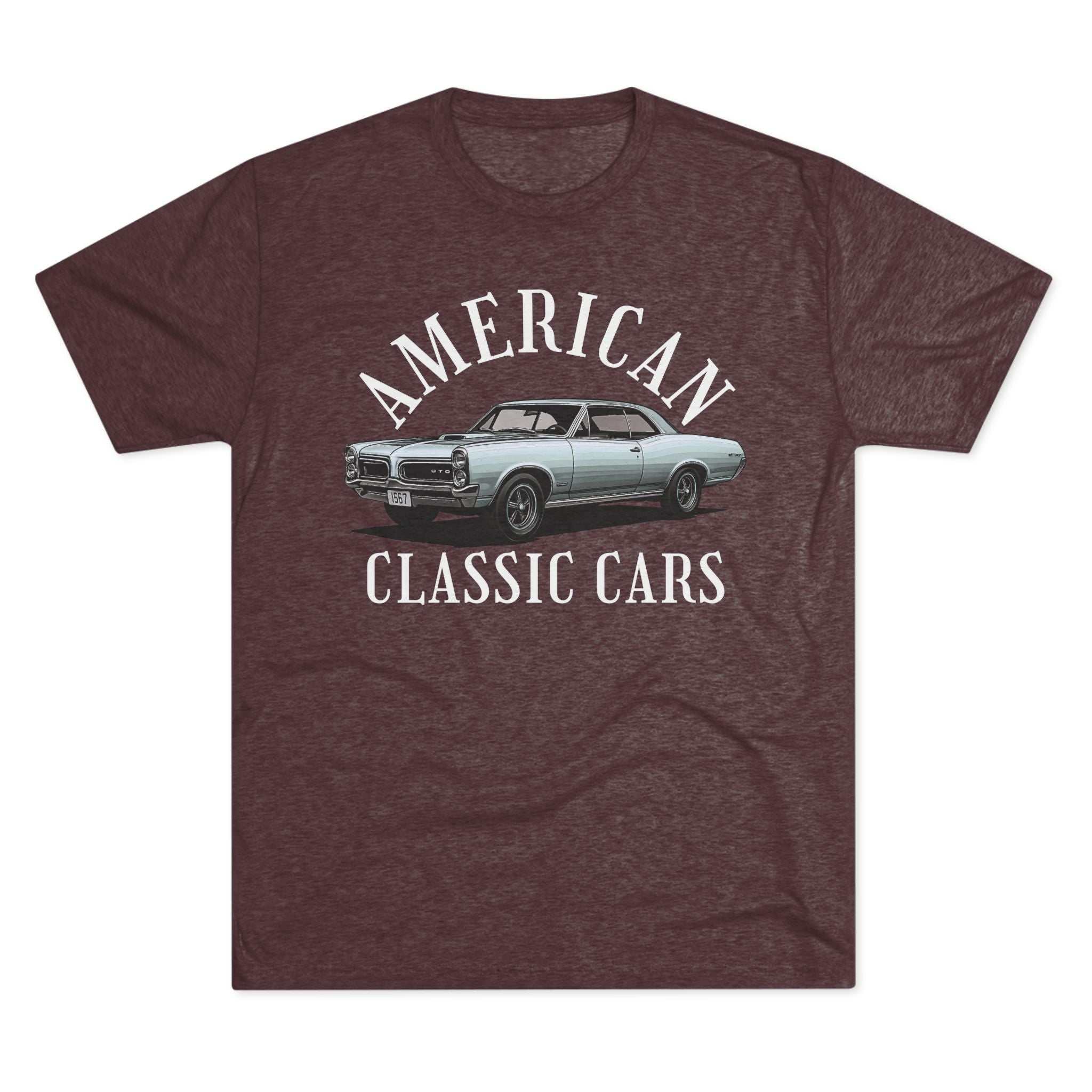 Unisex tri-blend t-shirt featuring American classic cars 67 GTO design for vintage car lovers