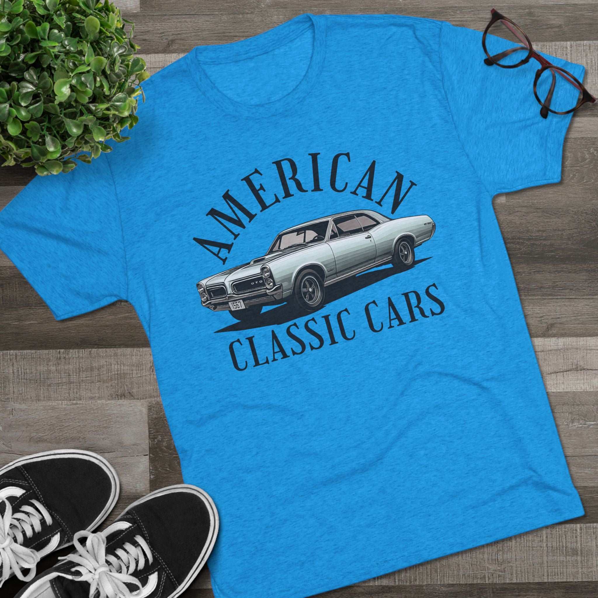 Unisex tri-blend crew tee featuring American Classic Cars 67 GTO design for vintage car lovers
