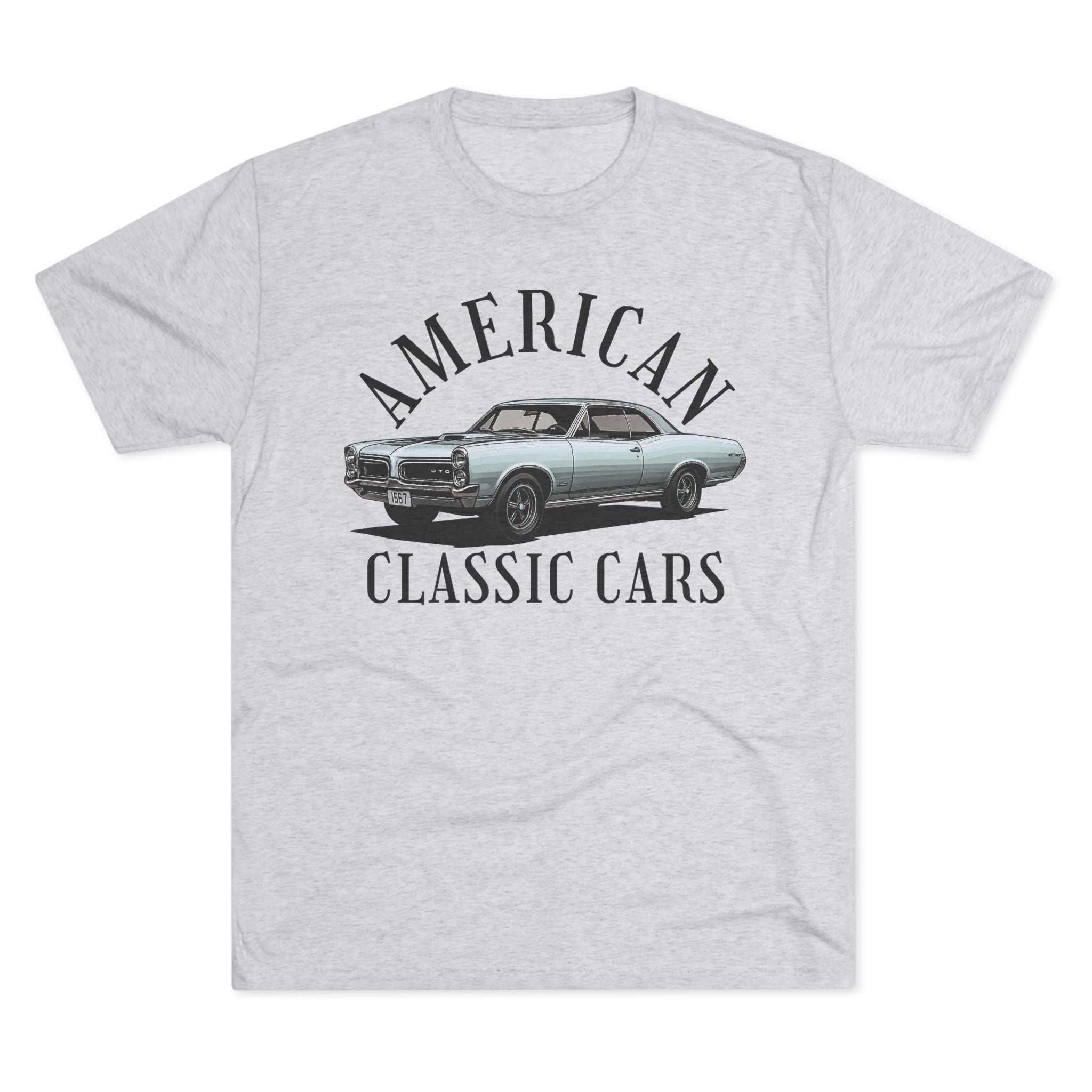 Vintage American Classic Cars 67 GTO unisex tri-blend crew tee for car enthusiasts