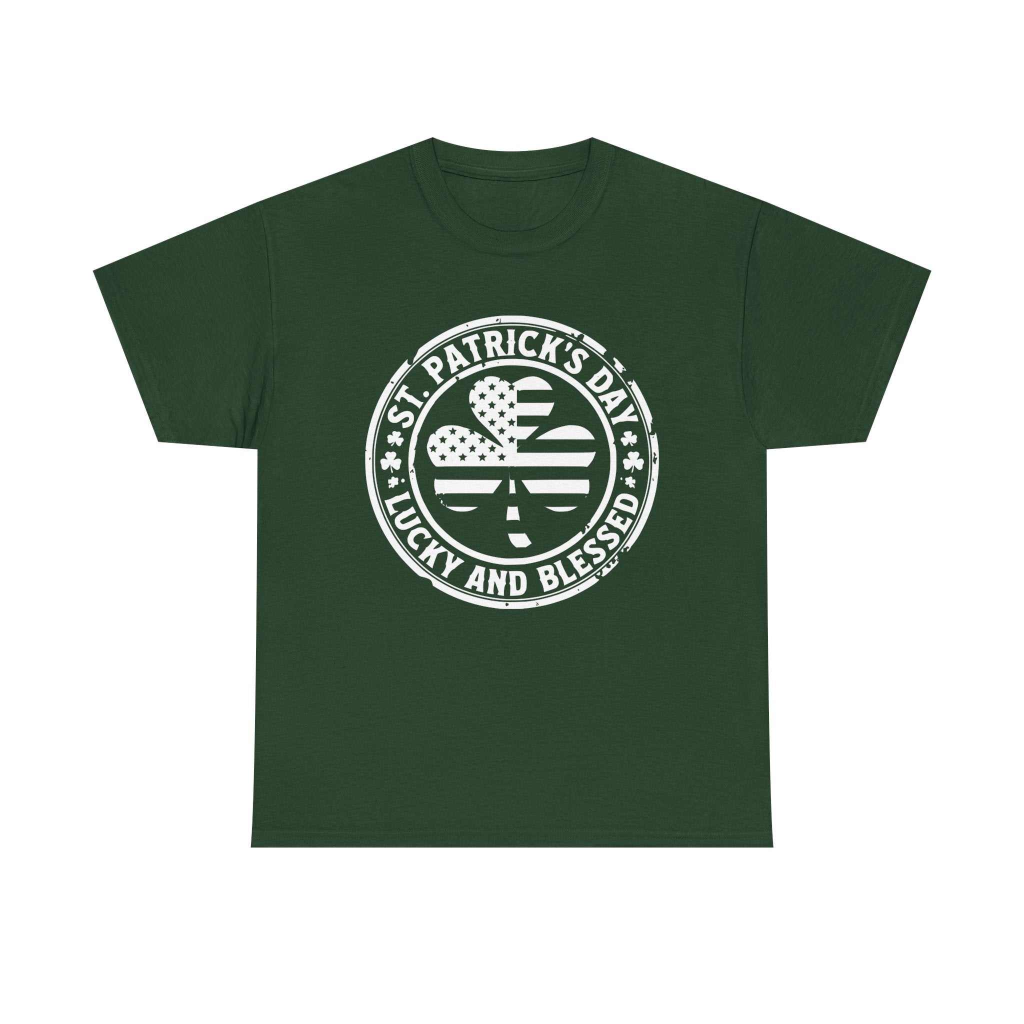 Vintage-style St. Patrick's Day shamrock tee with "Lucky and Blessed" text, soft cotton, and relaxed fit