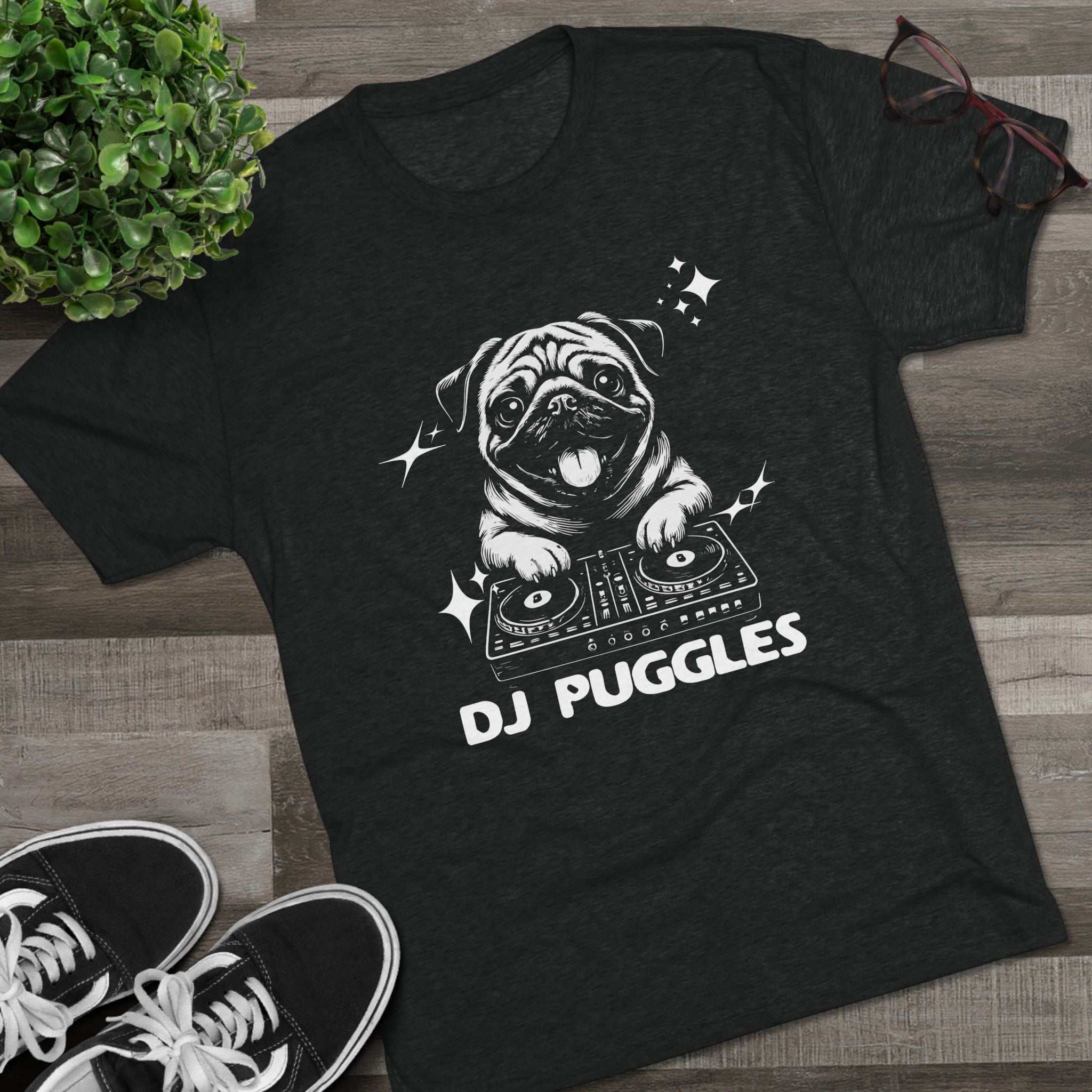 DJ Puggles pug DJ graphic on soft tri-blend T-shirt for dog lovers