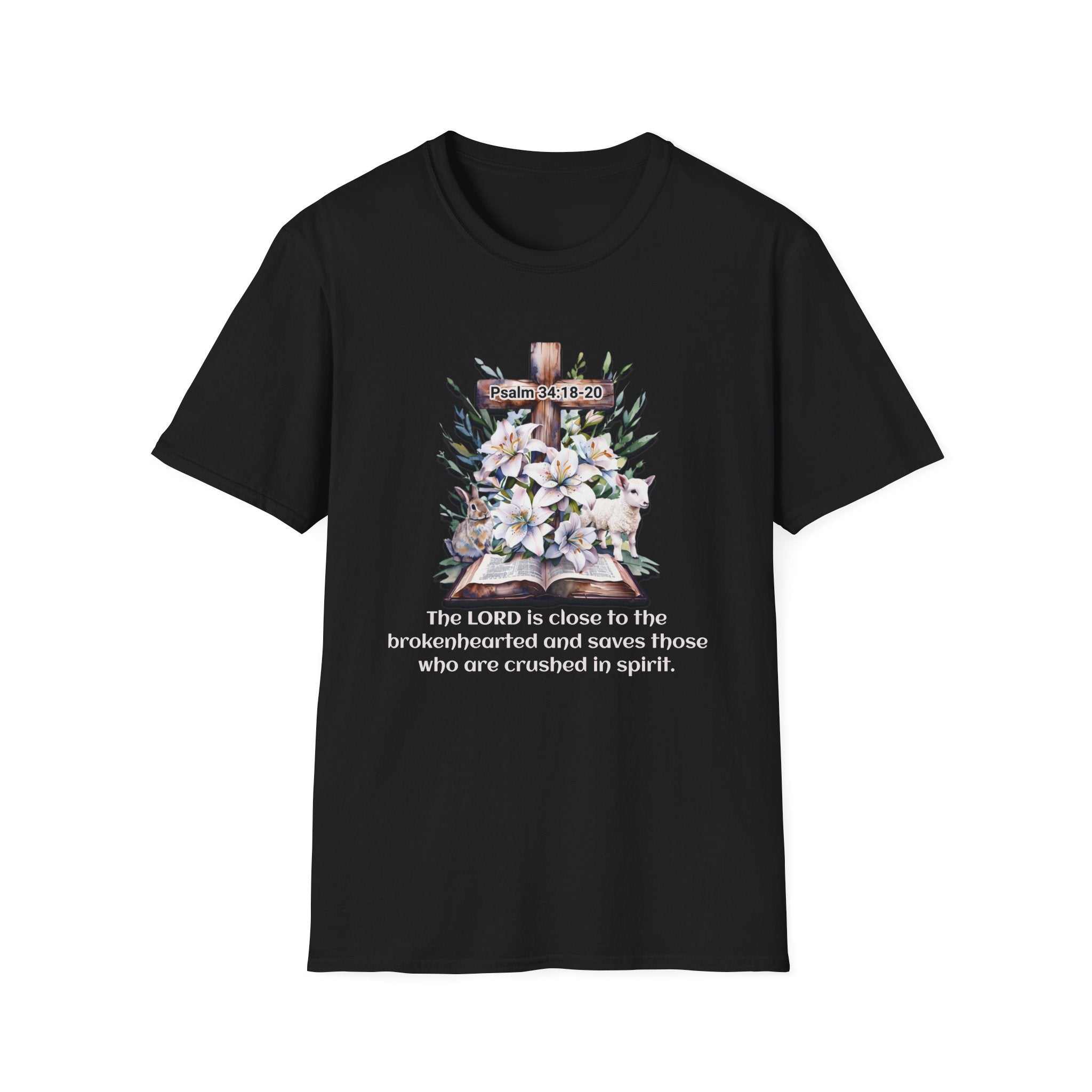 Unisex softstyle faith t-shirt featuring Psalm 34:18-20 inspirational quote, comfortable Christian apparel for spiritual growth and gifts