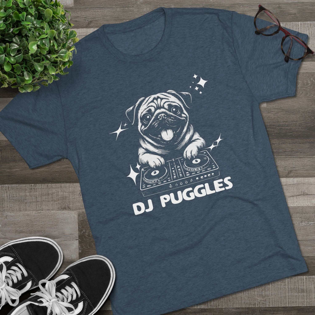 DJ Puggles Pug T-Shirt with funny DJ pug graphic on soft tri-blend fabric
