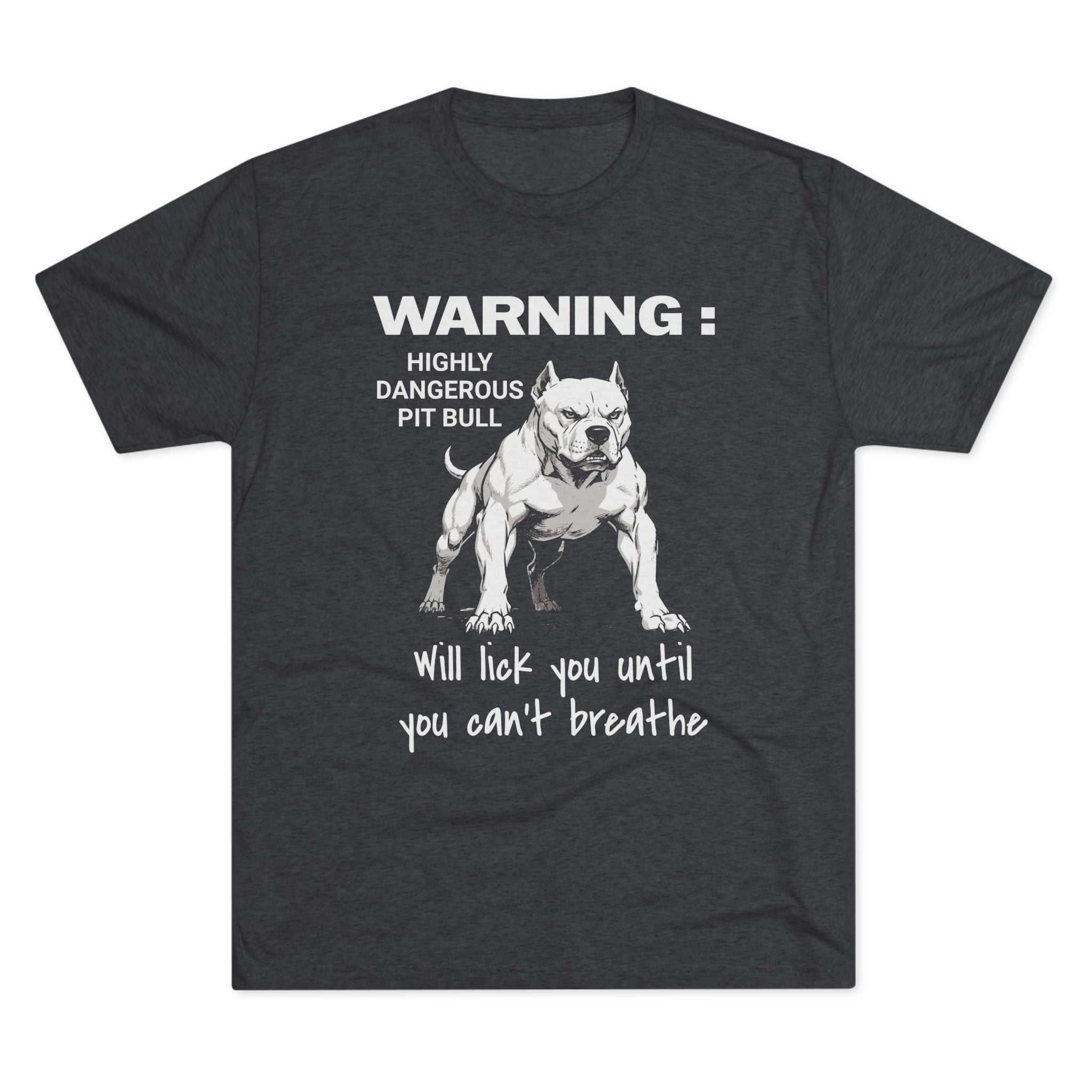 Pit Bull Warning T-Shirt with playful bold pit bull illustration and warning text on charcoal tri-blend fabric