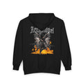 Arch Angel with iron wings flying over fire on blend zip hoodie
