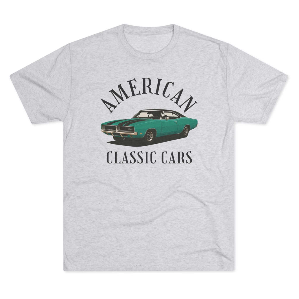 Unisex American Classic Cars 69 Charger tri-blend crew tee showcasing vintage car design