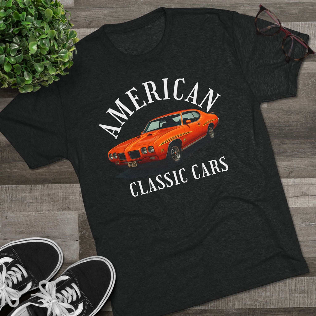 Unisex tri-blend t-shirt with American Classic Cars 70 GTO vintage design