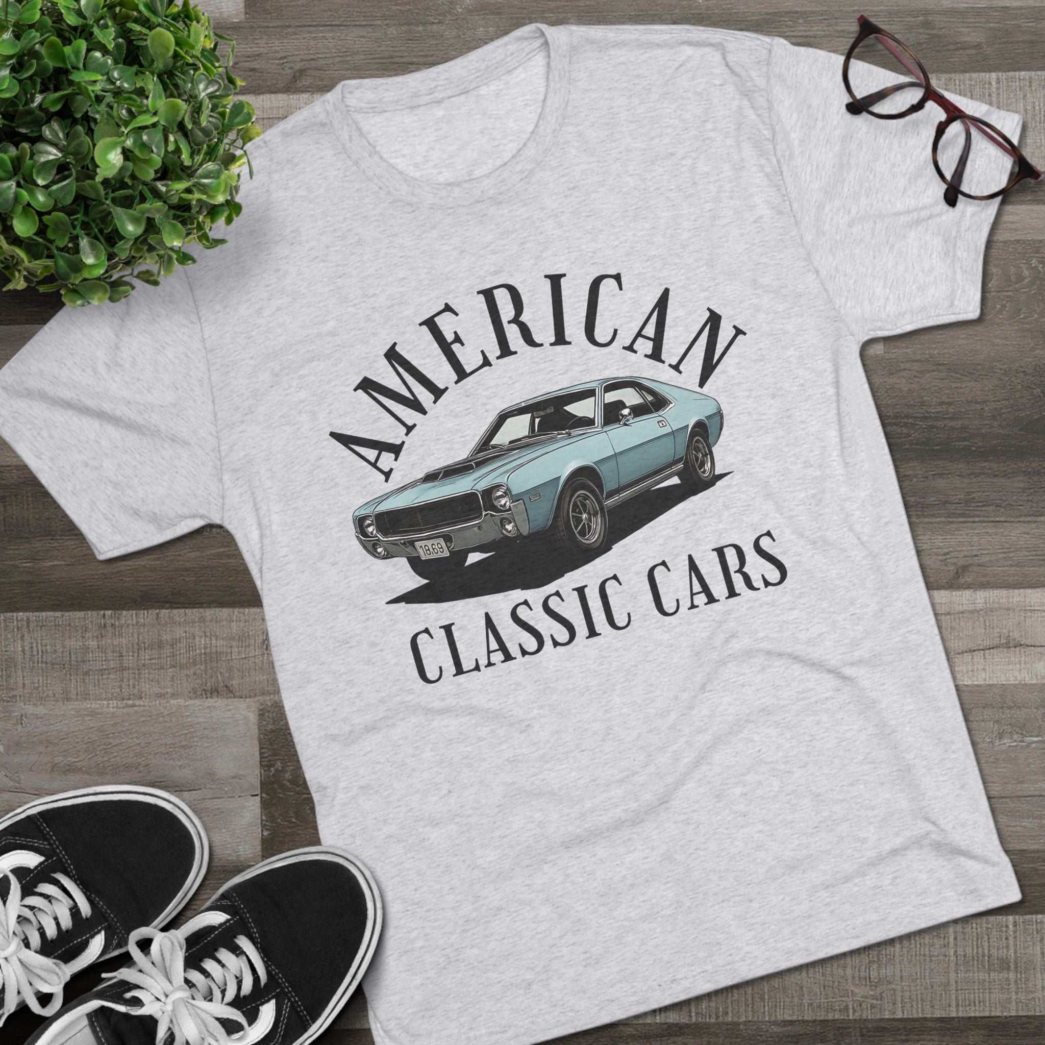 Unisex tri-blend American Classic Cars vintage tee with retro car design