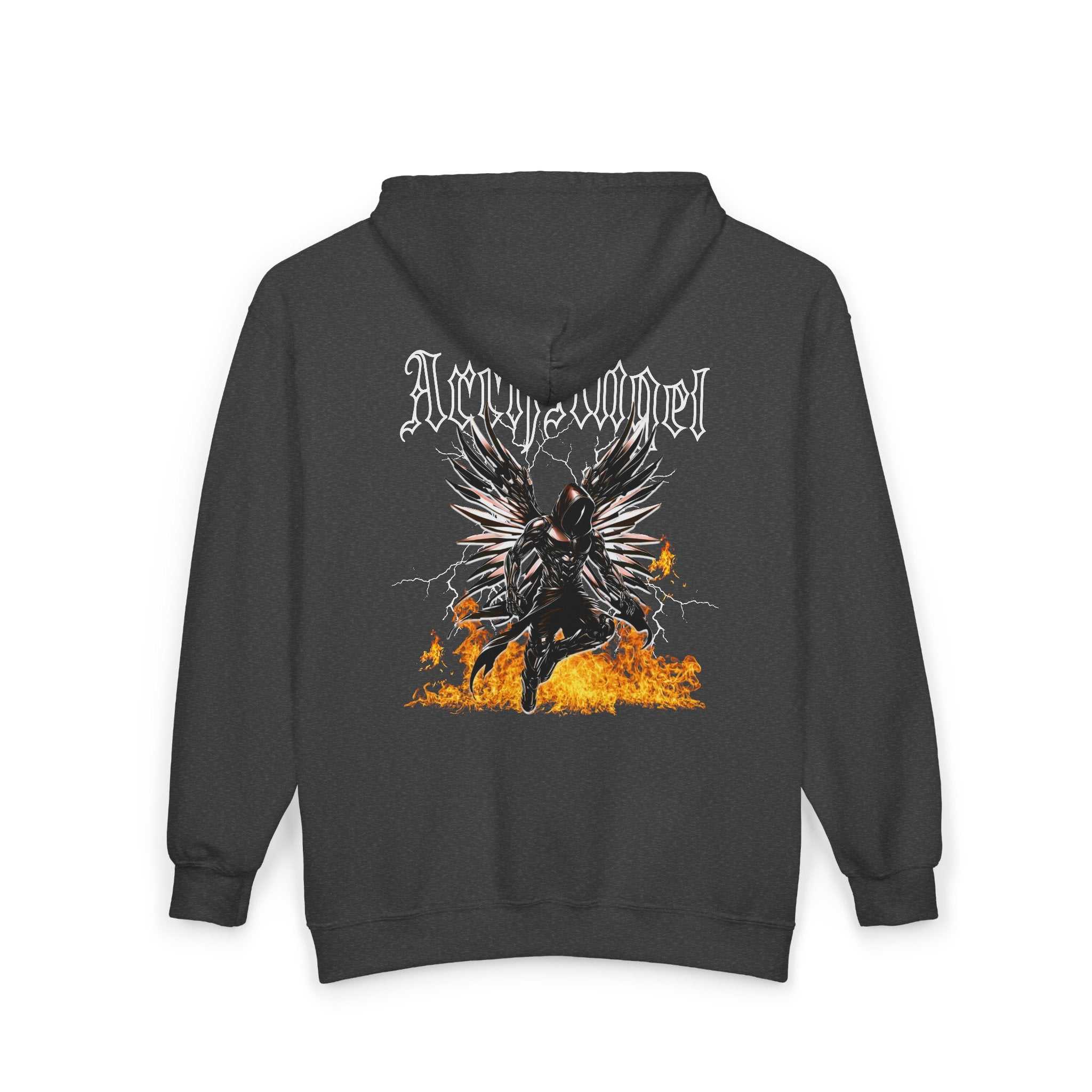 Arch Angel hoodie with iron wings flying over fire, silver zipper, adjustable hood, and chest embroidery