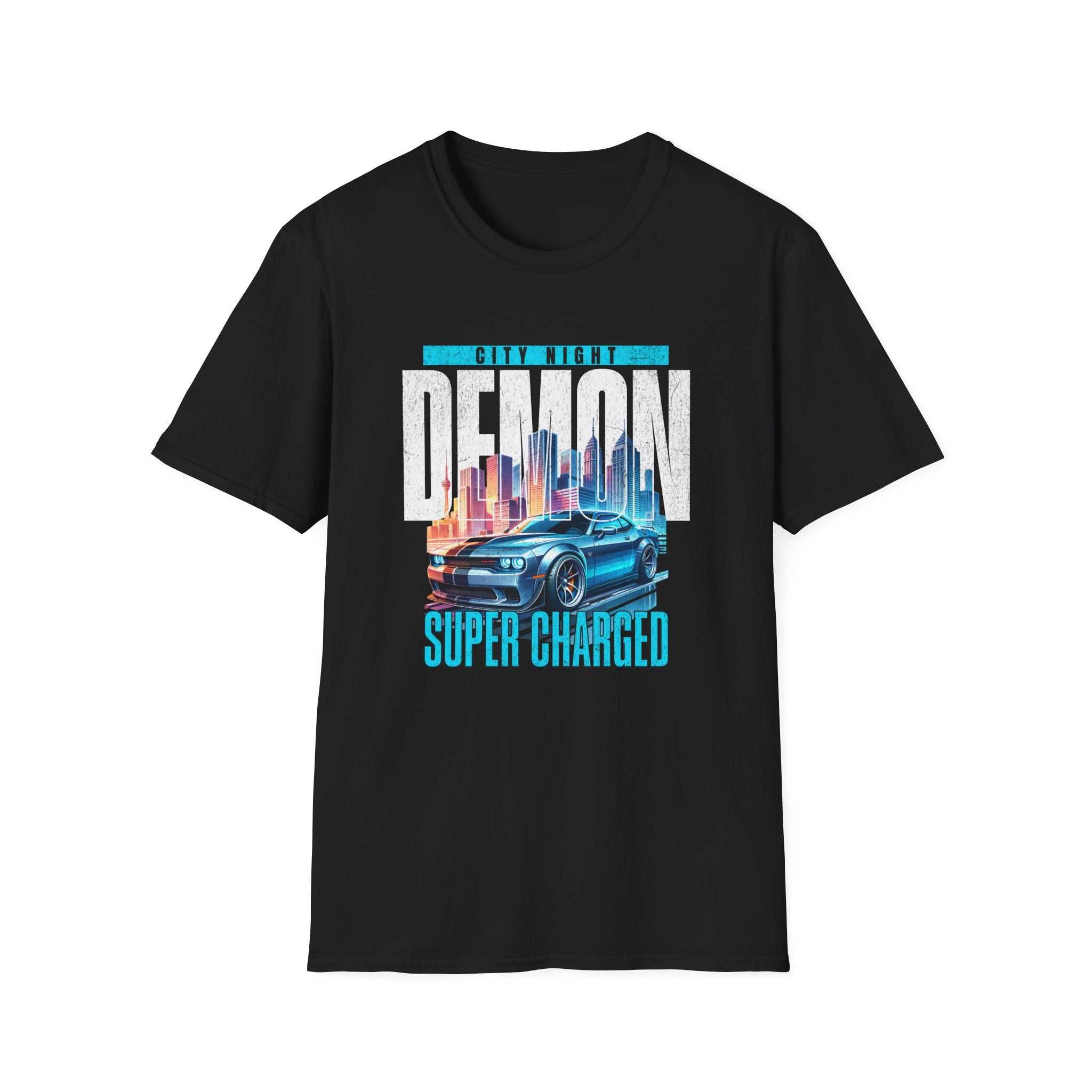 City Night Demon T-Shirt with supercharged demon graphic for car enthusiasts in unisex softstyle cotton