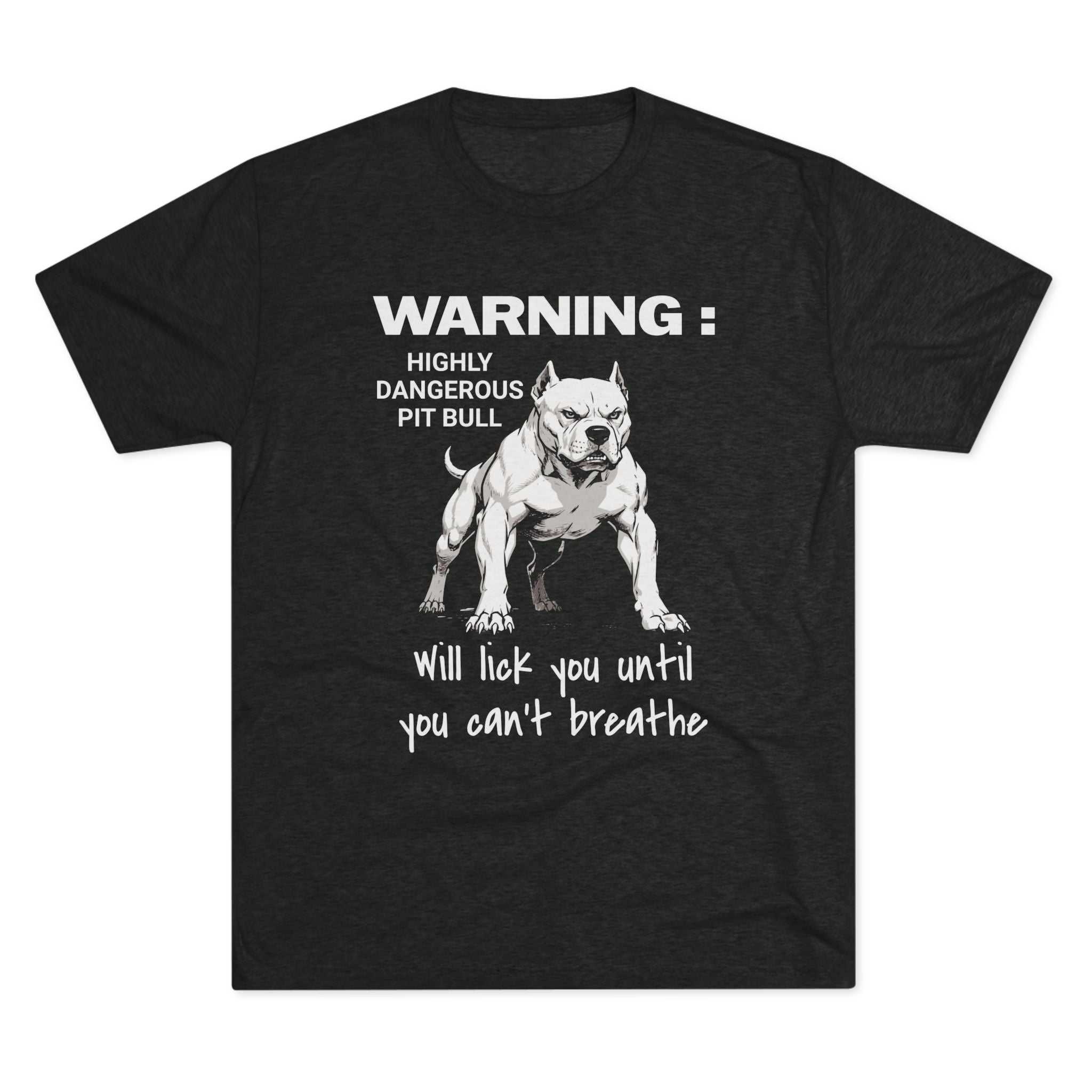 Charcoal Pit Bull Warning T-Shirt with white pit bull illustration and humorous warning text