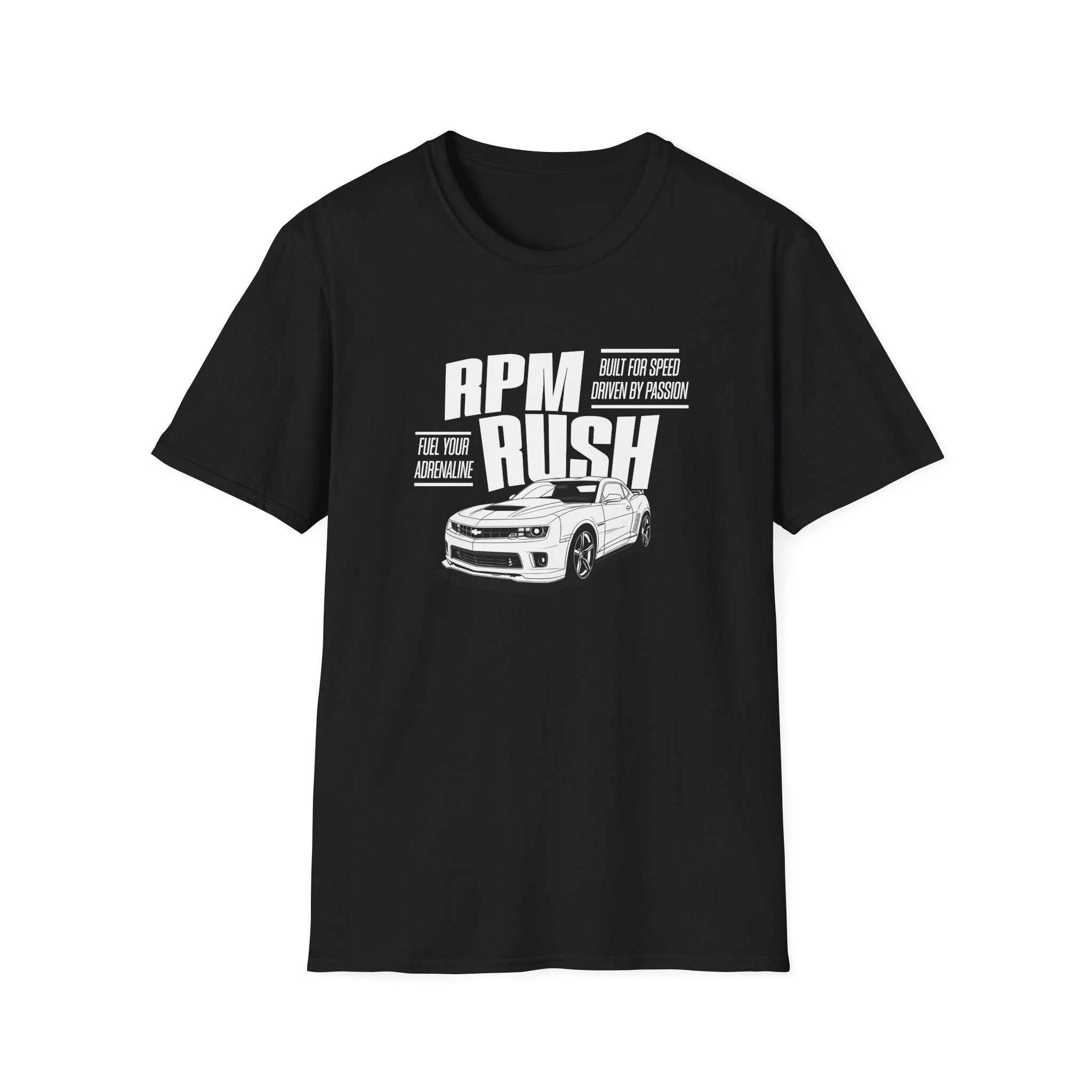 RPM RUSH unisex softstyle t-shirt in black with durable collar and no side seams