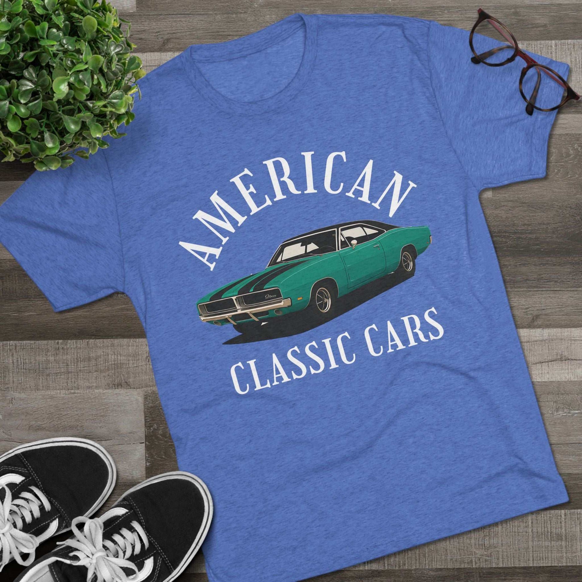 Blue unisex tri-blend crew tee with green 69 Charger graphic and American Classic Cars text