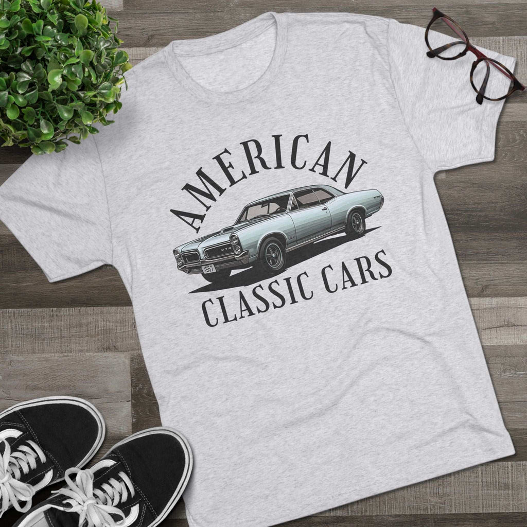 Unisex tri-blend crew tee featuring American Classic Cars 67 GTO design for vintage car enthusiasts