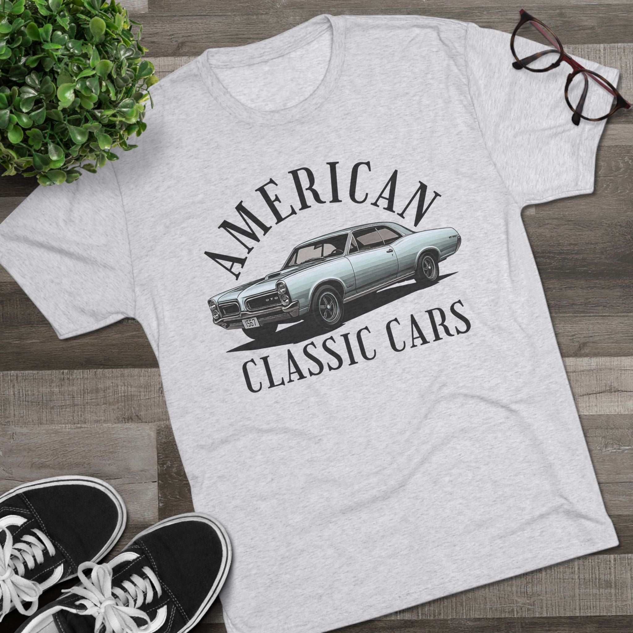 Unisex tri-blend crew tee featuring American Classic Cars 67 GTO design for vintage car enthusiasts