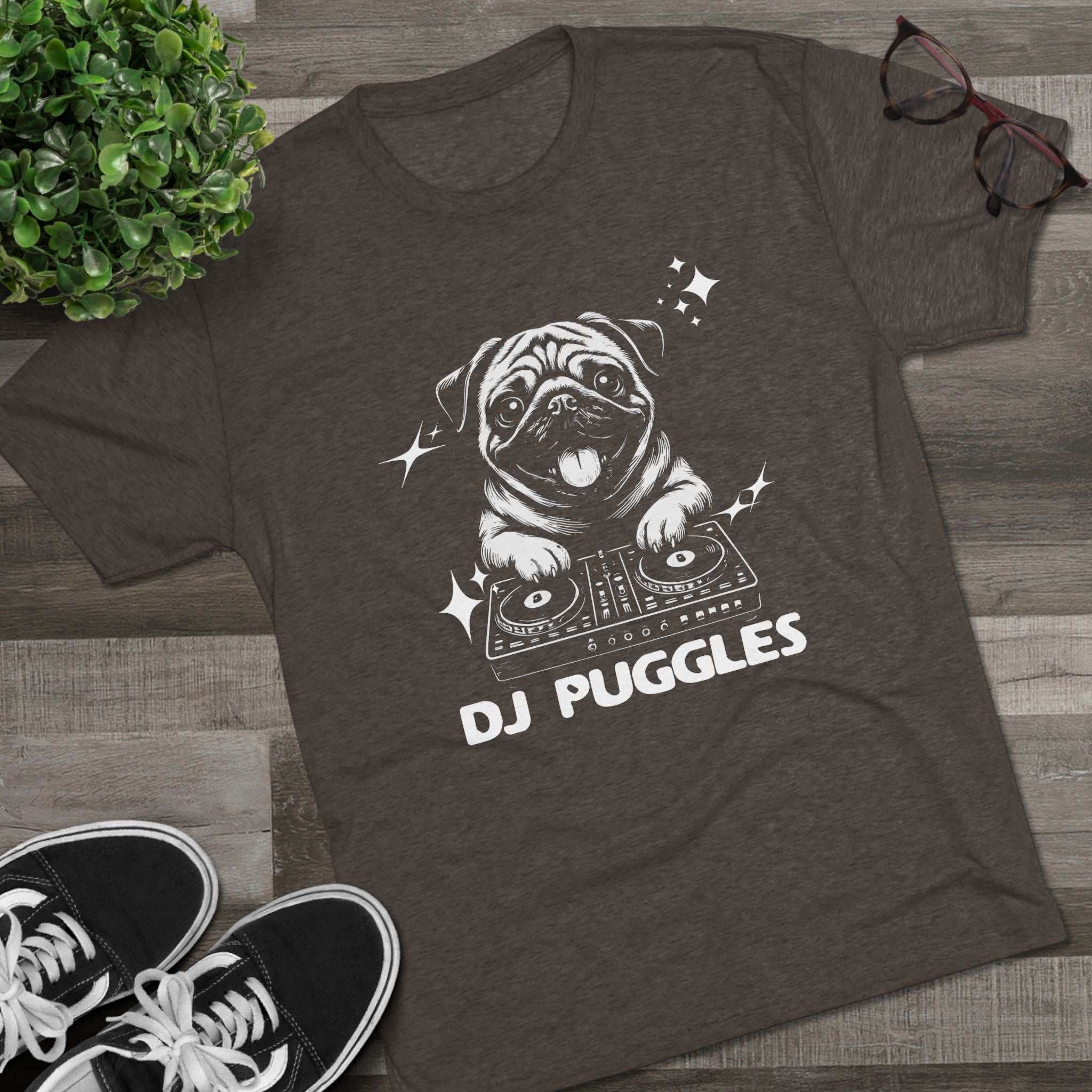 DJ Puggles Pug T-Shirt with funny DJ pug graphic on soft tri-blend fabric