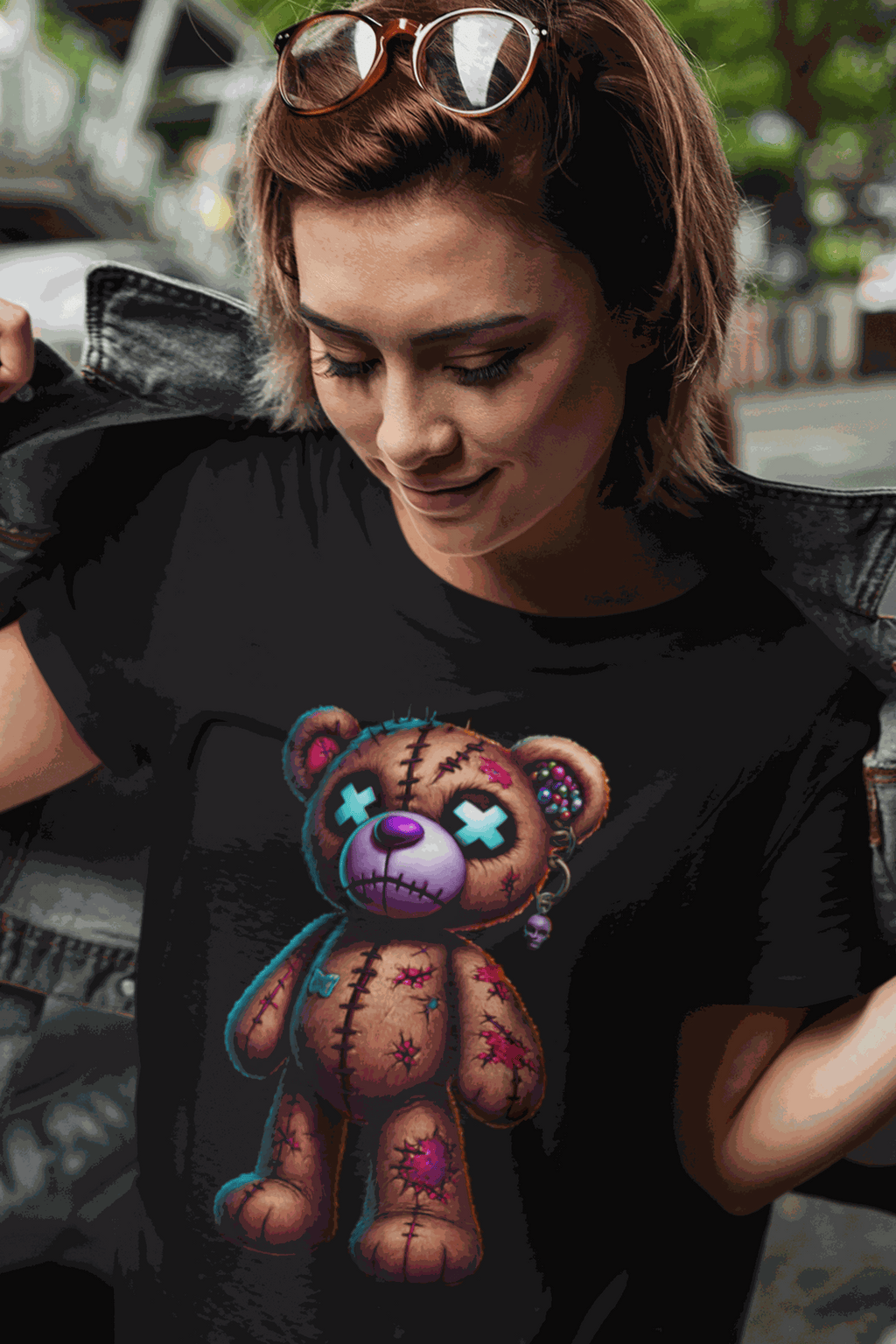 Woman wearing black cute graphic teddy bear tee with colorful stitched teddy bear design