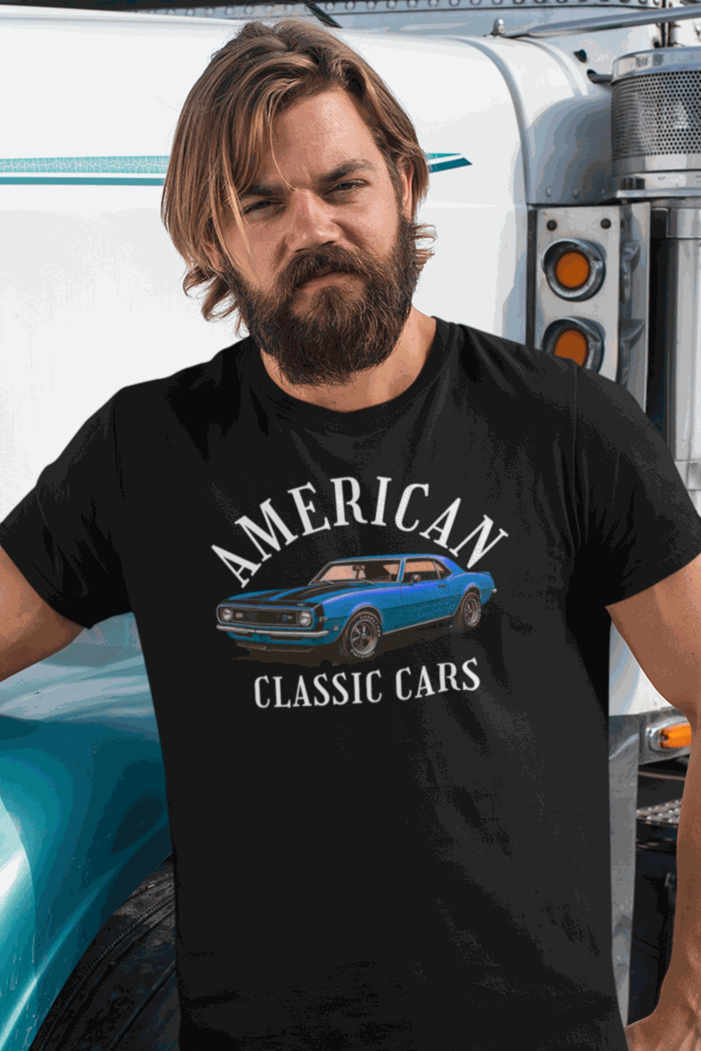Man wearing black American Classic Cars Camaro tri-blend tee with vintage car graphic outdoors