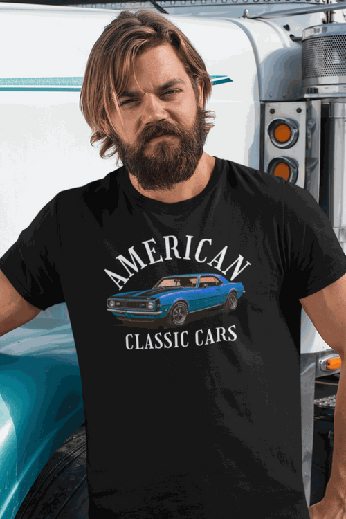 Man wearing black American Classic Cars Camaro tri-blend tee with vintage car graphic outdoors