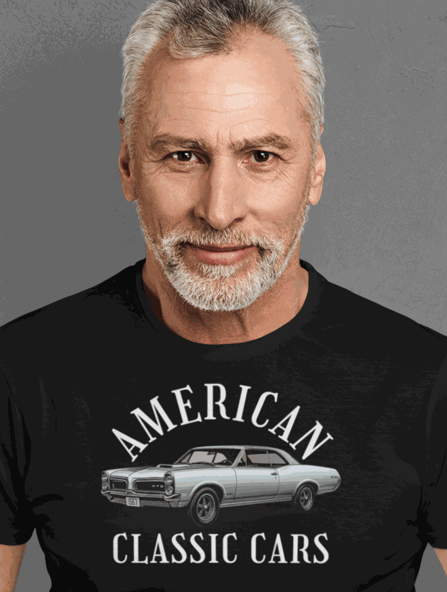 Man wearing black American Classic Cars vintage car graphic tee shirt