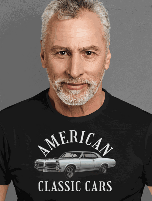 Man wearing black American Classic Cars vintage car graphic tee shirt