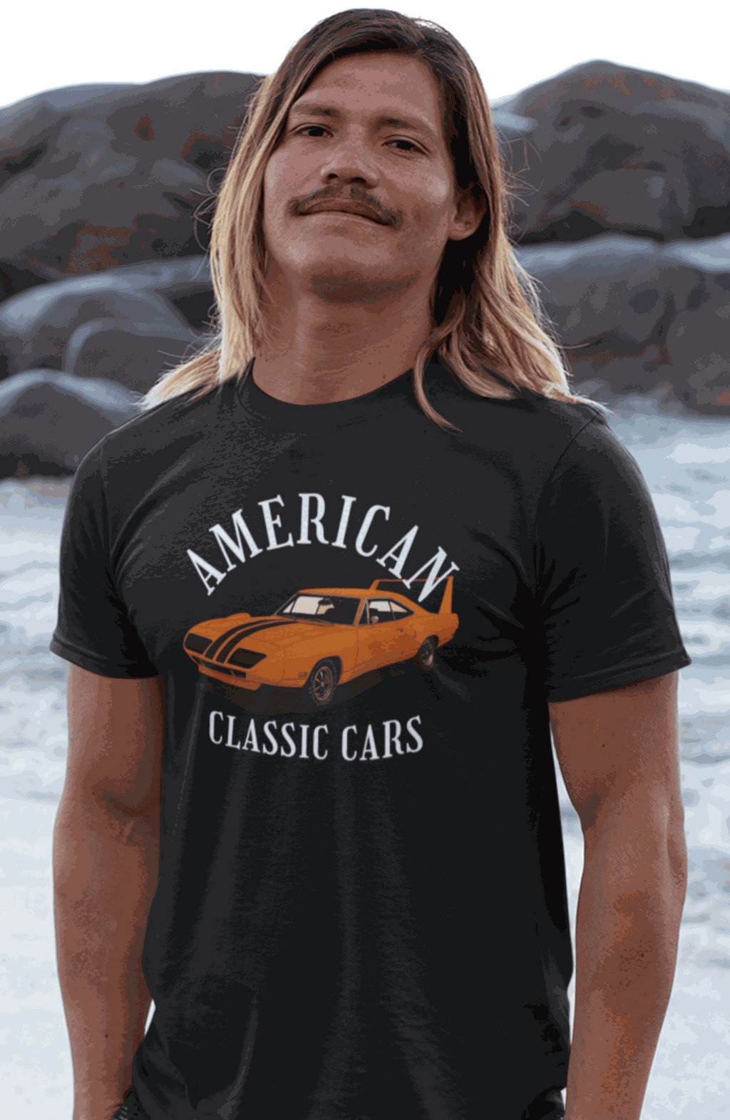 Man wearing black American Classic Cars Daytona T-Shirt with vintage car graphic and text.