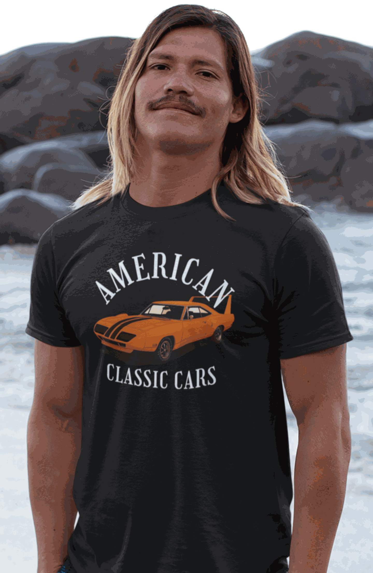 Man wearing black American Classic Cars Daytona T-Shirt with vintage car graphic and text.