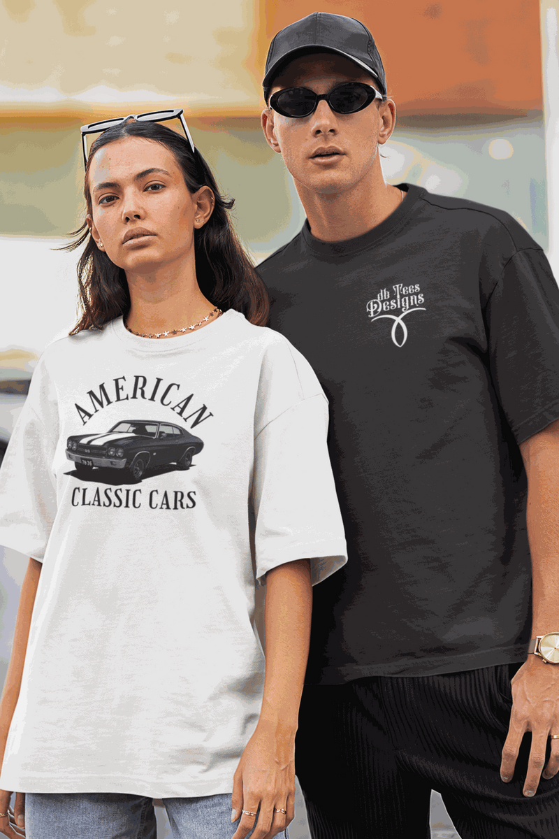 Unisex American Classic Cars white crew tee with vintage car graphic and relaxed fit worn by man and woman