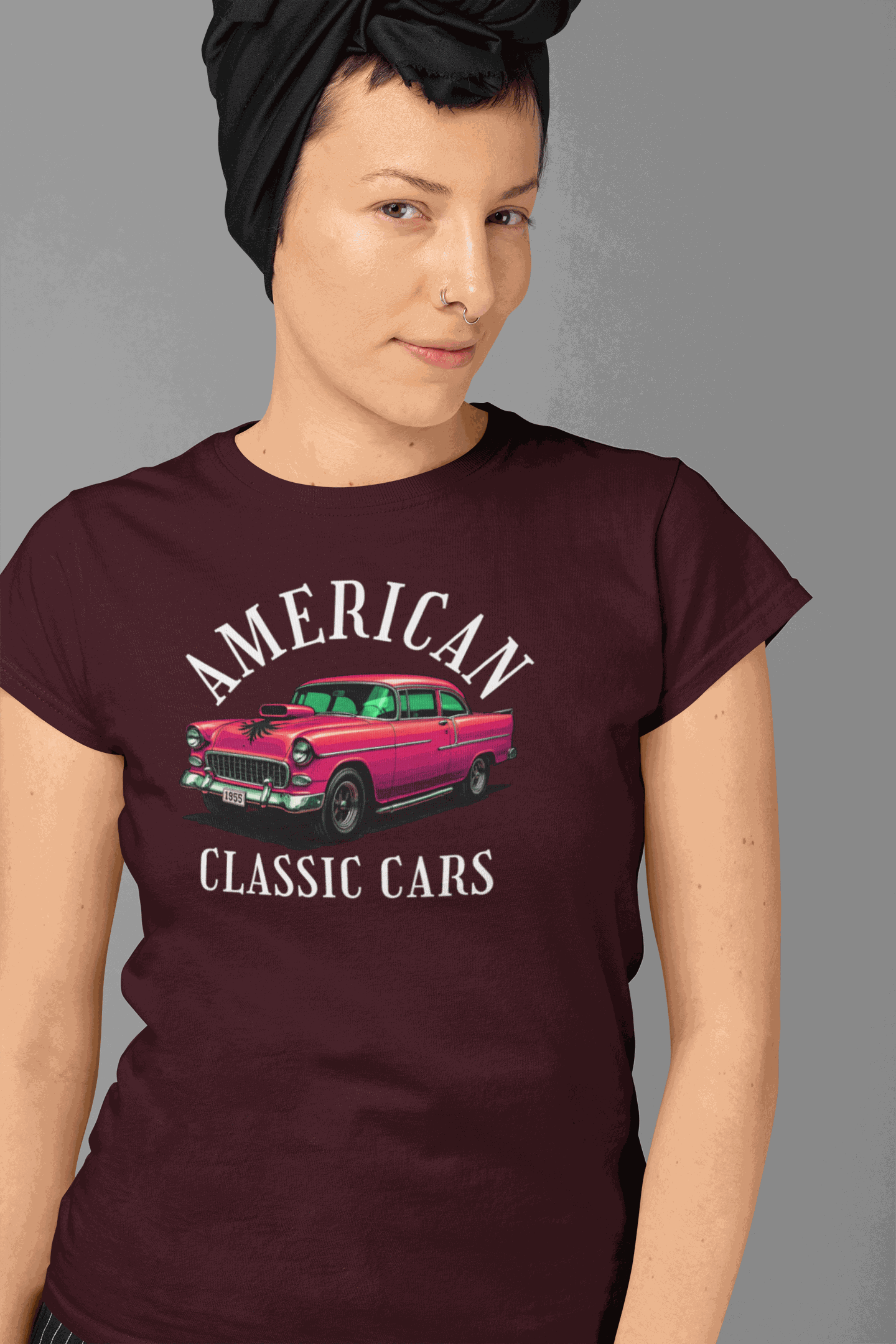 Woman wearing American Classic Cars 55 Chevy vintage unisex tri-blend crew tee in maroon