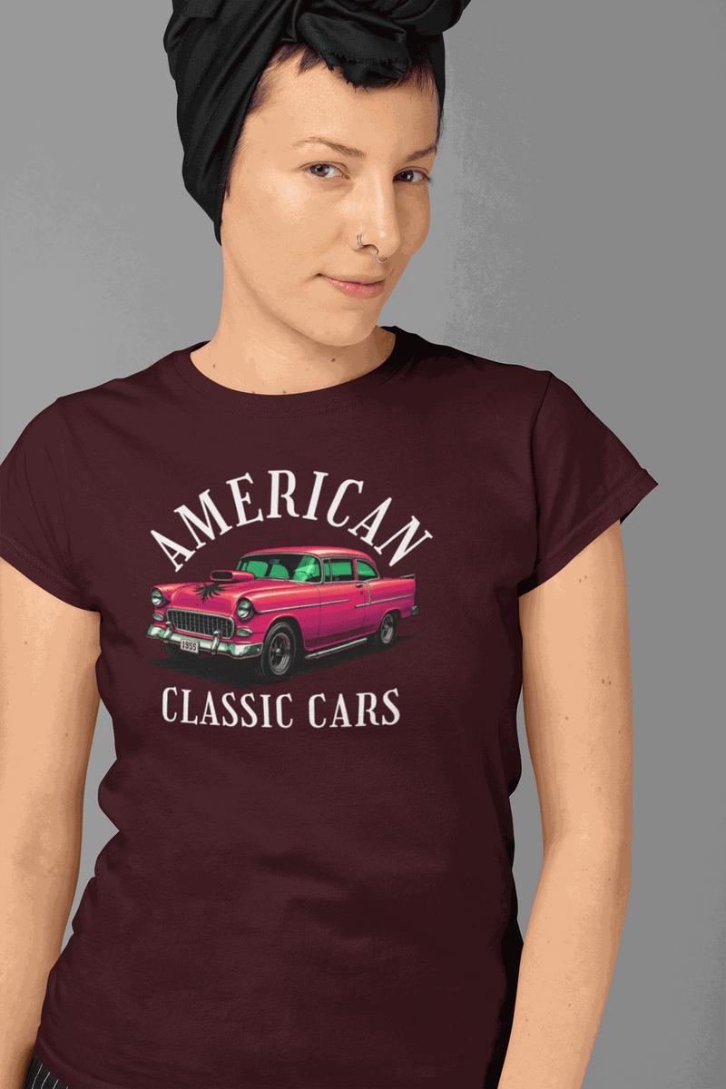 Woman wearing American Classic Cars 55 Chevy vintage unisex tri-blend crew tee in maroon