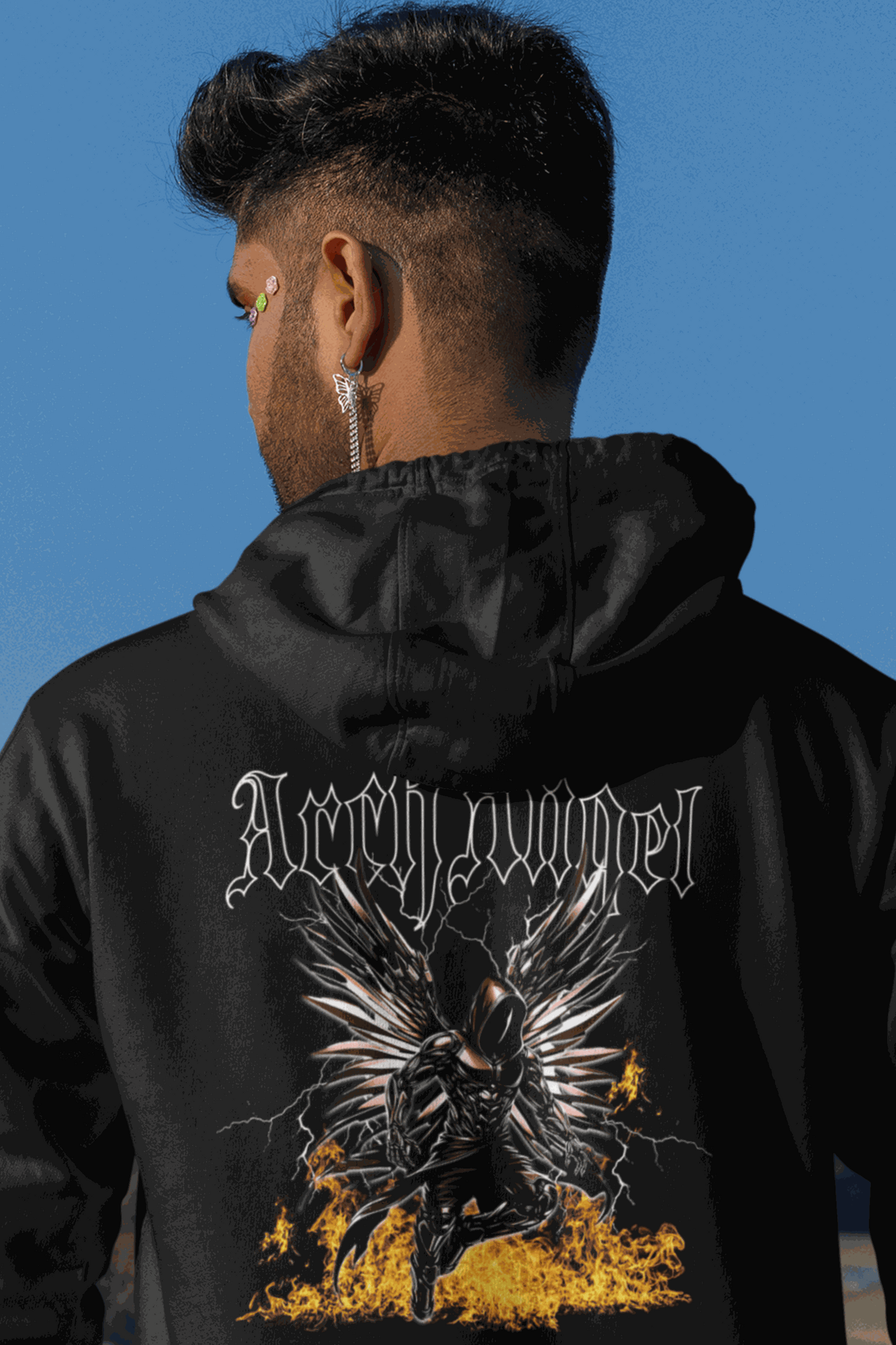 Black Arch Angel zip hoodie with fiery winged figure design on back