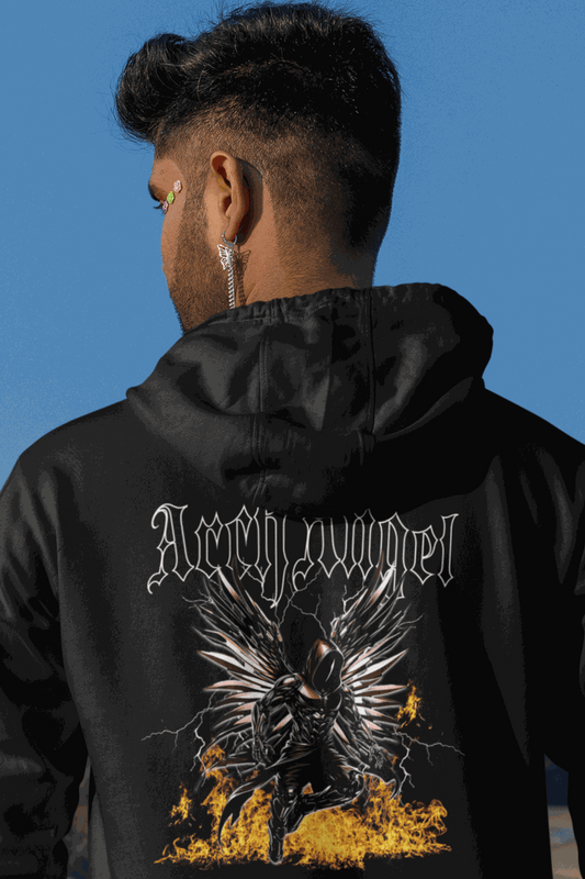 Black Arch Angel zip hoodie with fiery winged figure design on back