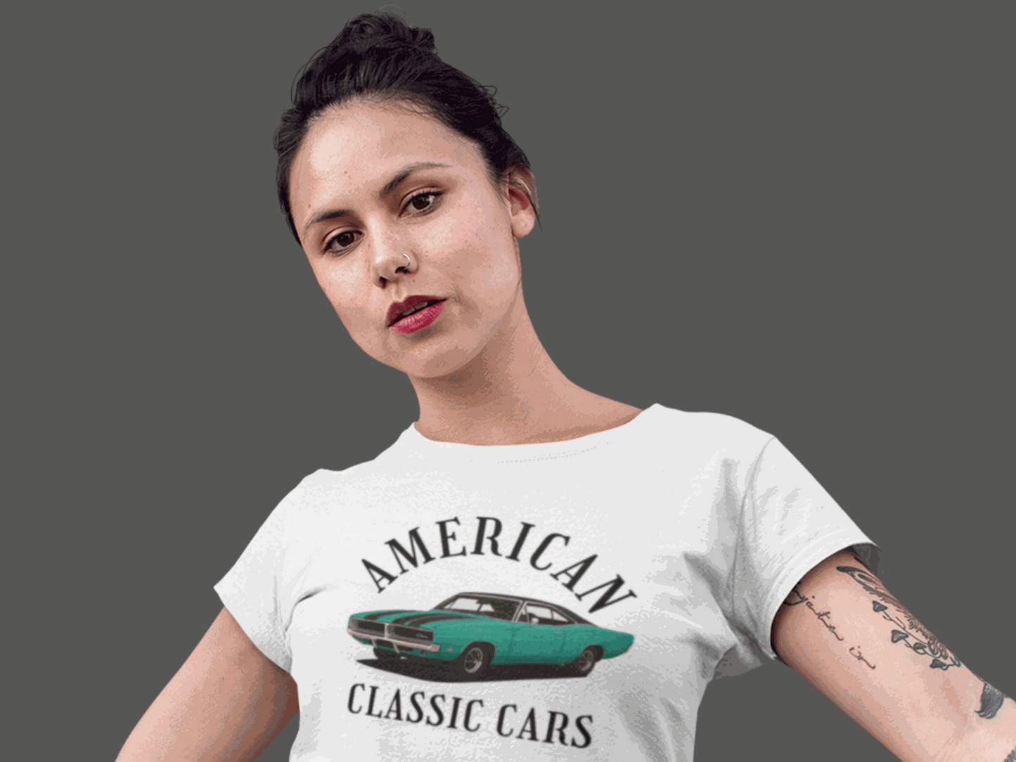 Woman wearing white American Classic Cars 69 Charger unisex tri-blend crew tee with green vintage car graphic
